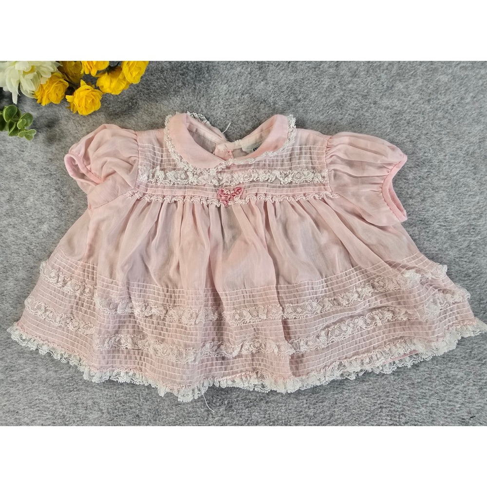 Vintage Nannette Pink Sheer Lace Pintuck Baby Dress Made in USA 1960s 0-6m - Picture 1 of 11